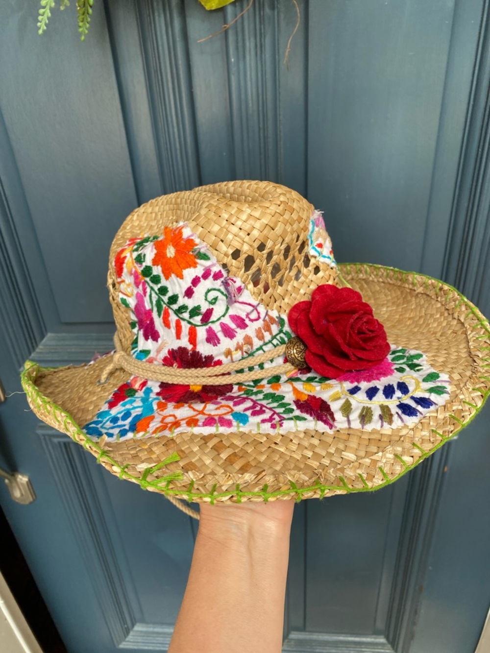 Gaudy Chic Straw Cowboy Hat embellished with Mexican dress Embroidery - Picture 7 of 15
